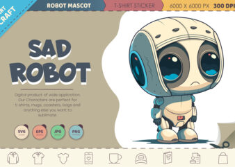 Sad cartoon robot. t-shirt, png, svg.