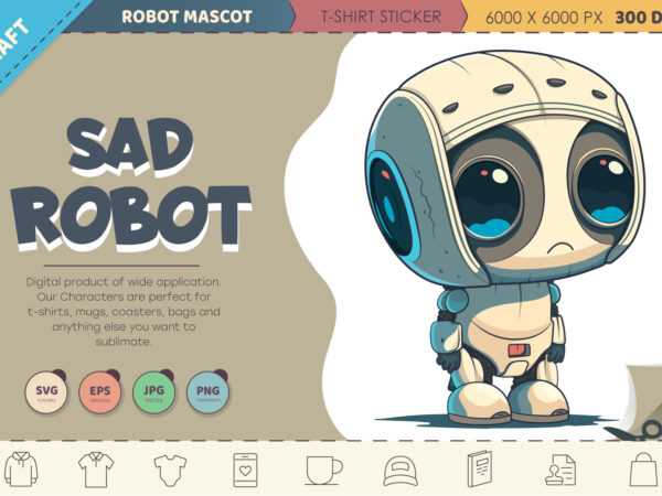 Sad cartoon robot. t-shirt, png, svg.