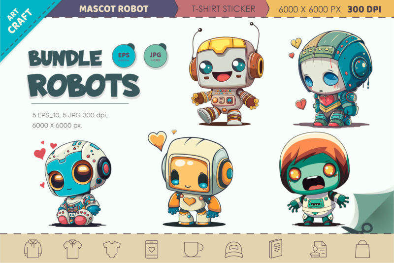 Bundle Cartoon Robots 01. T-Shirt Sticker.