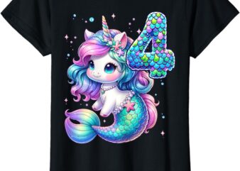 Unicorn Mermaid 4th Birthday 4 Year Old Party Girls Outfit T-Shirt