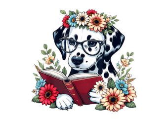 Dalmatian Dog with flowers and read a book PNG