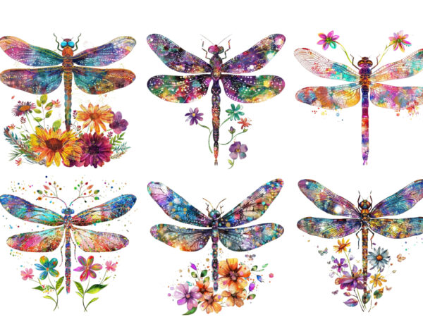 Glitter dragonfly with flowers sublimation t shirt design template