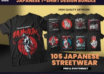 105 Japanese Designs bundles, T-shirt Design bundle, Samurai Designs, Aesthetic Design, urban designs, Graphics tees design, Ronin, DTF, DTG