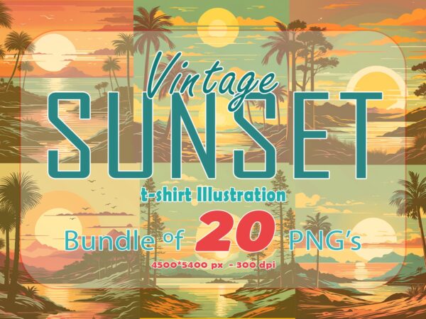 Retro sunset t-shirt illustration clipart bundle for trendy t-shirt designs