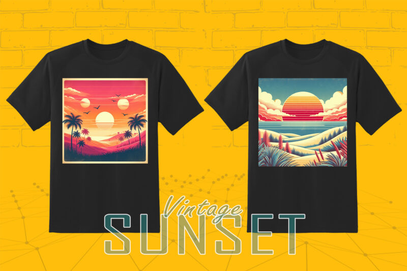 Retro Sunset T-shirt Illustration Clipart Bundle for Trendy T-Shirt Designs