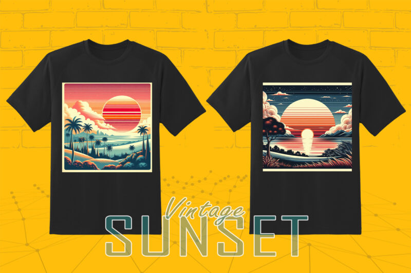 Retro Sunset T-shirt Illustration Clipart Bundle for Trendy T-Shirt Designs