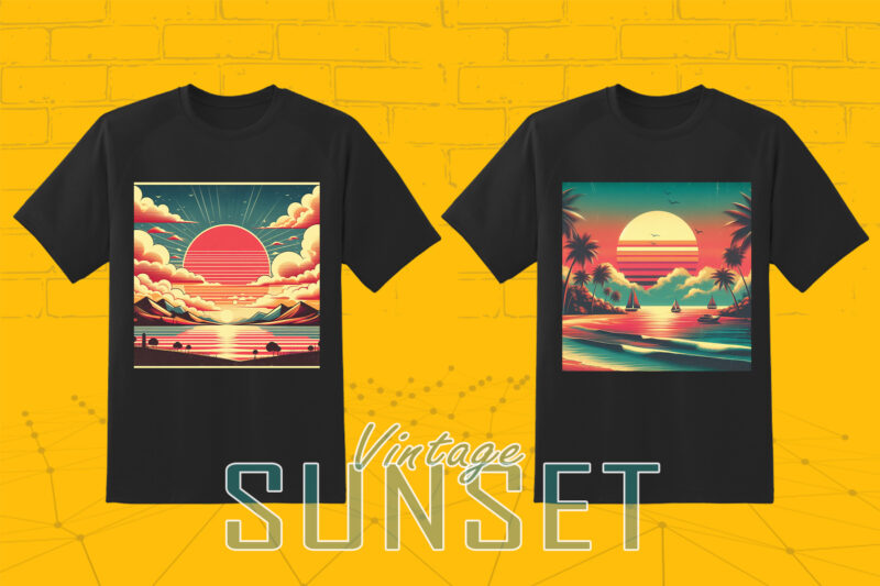 Retro Sunset T-shirt Illustration Clipart Bundle for Trendy T-Shirt Designs