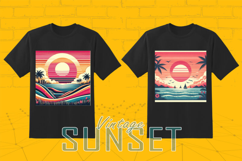 Retro Sunset T-shirt Illustration Clipart Bundle for Trendy T-Shirt Designs