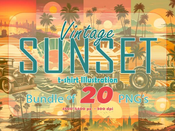 Retro sunset 20 t-shirt illustration clipart bundle for trendy t-shirt designs
