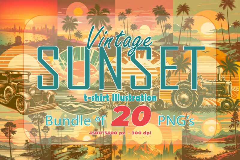 Retro Sunset 20 T-shirt Illustration Clipart Bundle for Trendy T-Shirt Designs