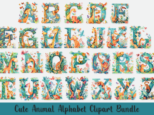 Cute animal alphabet clipart bundle, animal alphabet for sublimation t shirt vector file