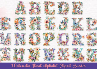 Watercolor Floral Alphabet Clipart Bundle, Flower Alphabet For Sublimation Design