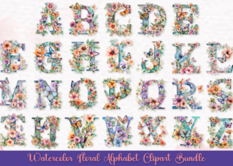 Watercolor floral alphabet clipart bundle, flower alphabet for sublimation design