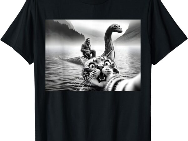 Bigfoot riding loch ness monster surprised scared cat selfie t-shirt
