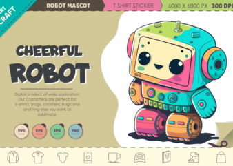 Cheerful cartoon robot. T-Shirt, PNG, SVG.