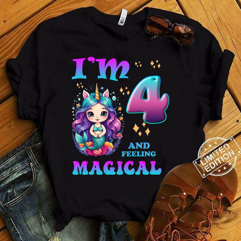 Kids I_m 4 Years Old Two 4nd Birthday 4yr Girl Unicorn Mermaid T-Shirt ltsp