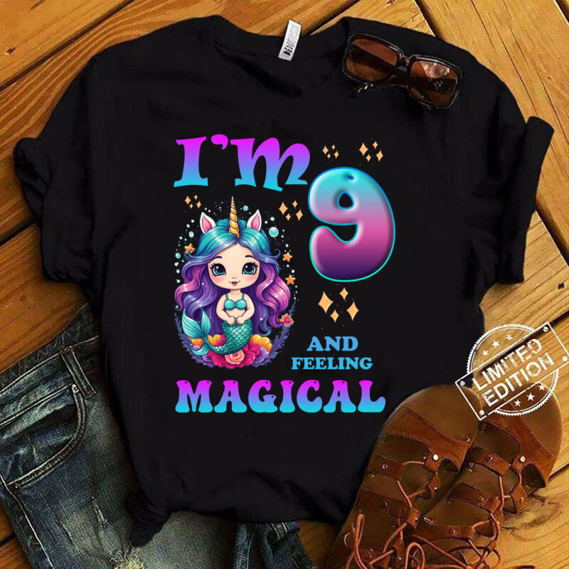 Kids I_m 9 Years Old Two 9nd Birthday 9yr Girl Unicorn Mermaid T-Shirt ltsp