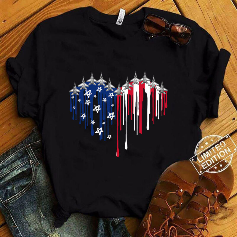Retro Fighter Jet Airplane American Flag Heart 4th Of July T-Shirt ltsp