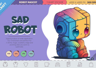 Sad cartoon Robot. T-Shirt, PNG, SVG.