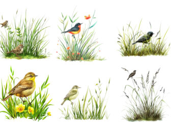 Spring Grass with bird Clipart