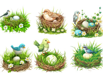 Spring Grass with cartoon bird clipart