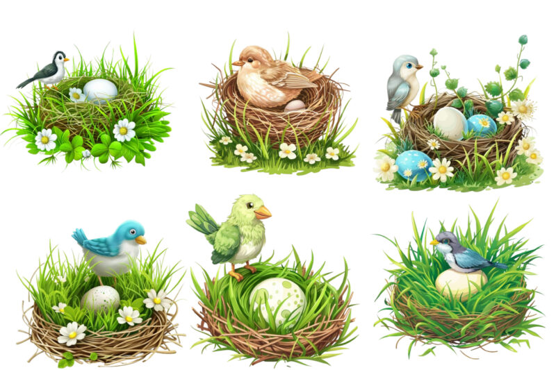 Spring Grass with cartoon bird clipart