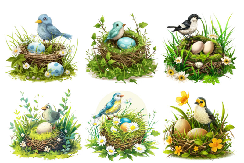 Spring Grass with cartoon bird clipart