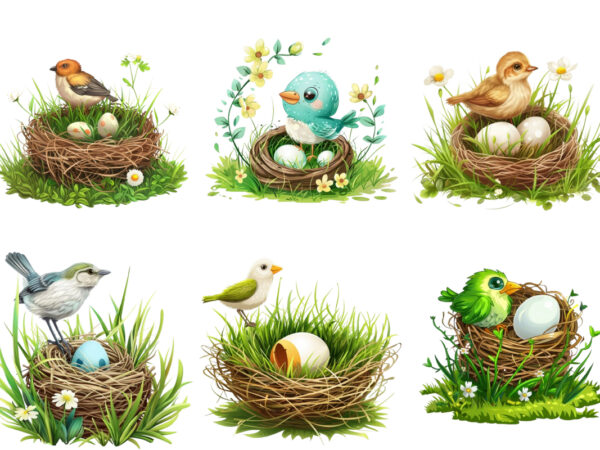 Spring grass with cartoon bird clipart t shirt template vector