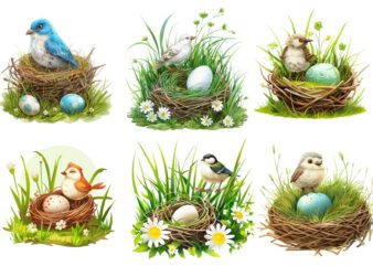 Spring Grass with cartoon bird clipart