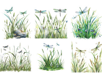 Spring Grass with dragonflies Clipart