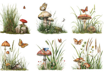 Spring Grass with mashroom and butterfly