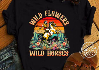 Sunset Cowgirl Riding Horse Wild Flowers – Wild Horses T-Shirt ltsp