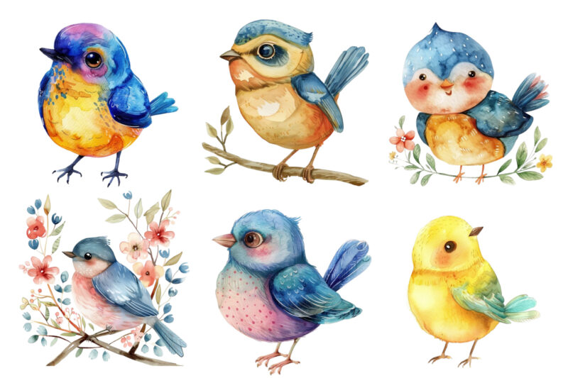 Watercolor Cute cartoon Bird clipart