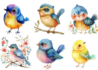 Watercolor cute cartoon bird clipart