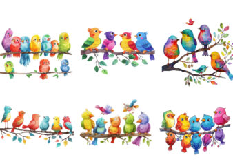 Whimsical Cartoon Birds Resting on Branch