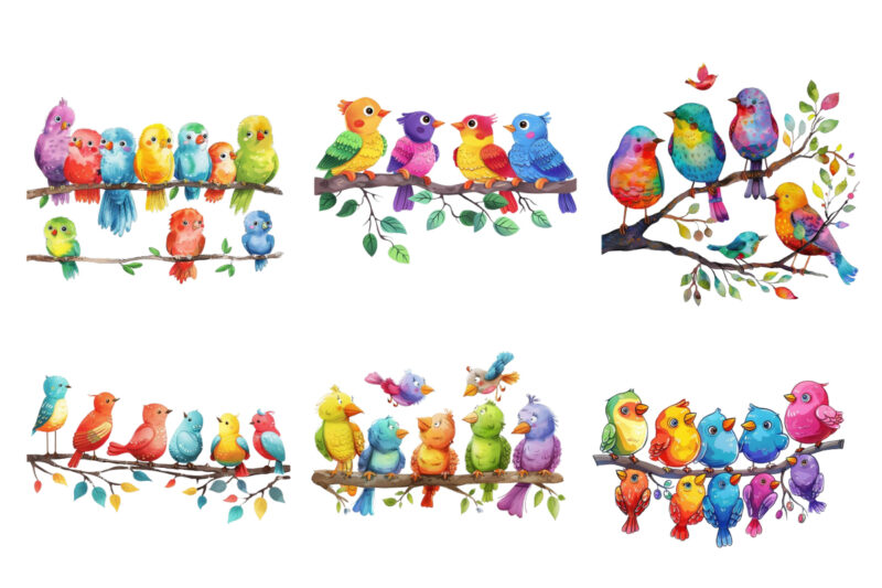 Whimsical Cartoon Birds Resting on Branch