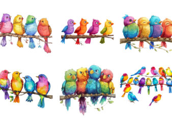 Cartoon Birds Resting on Branch