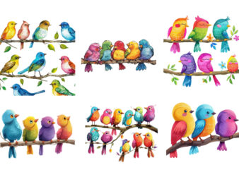 Cartoon Birds Resting on Branch