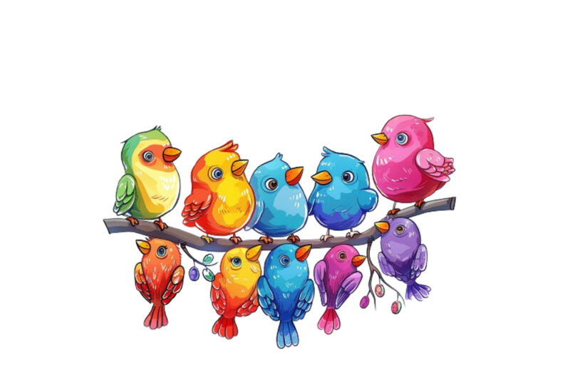 Whimsical Cartoon Birds Resting on Branch