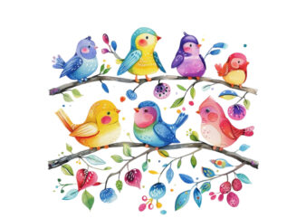 Whimsical Cartoon Birds Resting on Branch