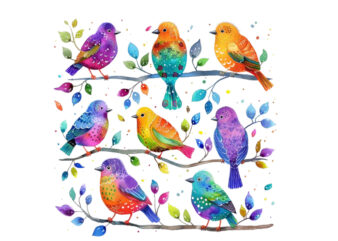 Whimsical Cartoon Birds Resting on Branch