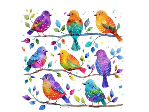 Whimsical cartoon birds resting on branch t shirt design for sale