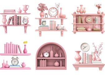 book shelf with book and clock and vases