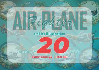 20 Watercolour Fighter Plane Tee Illustration Clipart Bundle made for Print on Demand