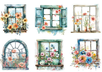 Watercolor flowers in window clipart