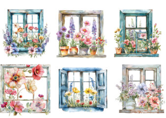 Watercolor flowers in window clipart