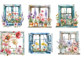 watercolor Flowers in window Clipart