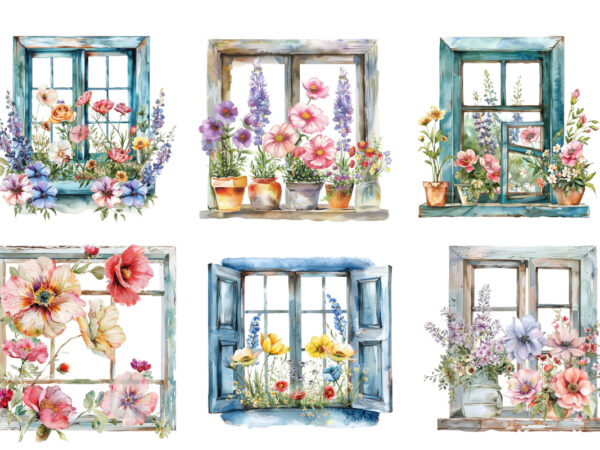 Watercolor flowers in window clipart t shirt design for sale