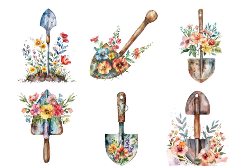watercolor Garden Spade with flowers