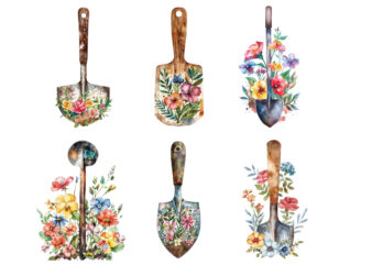 watercolor Garden Spade with flowers t shirt design for sale